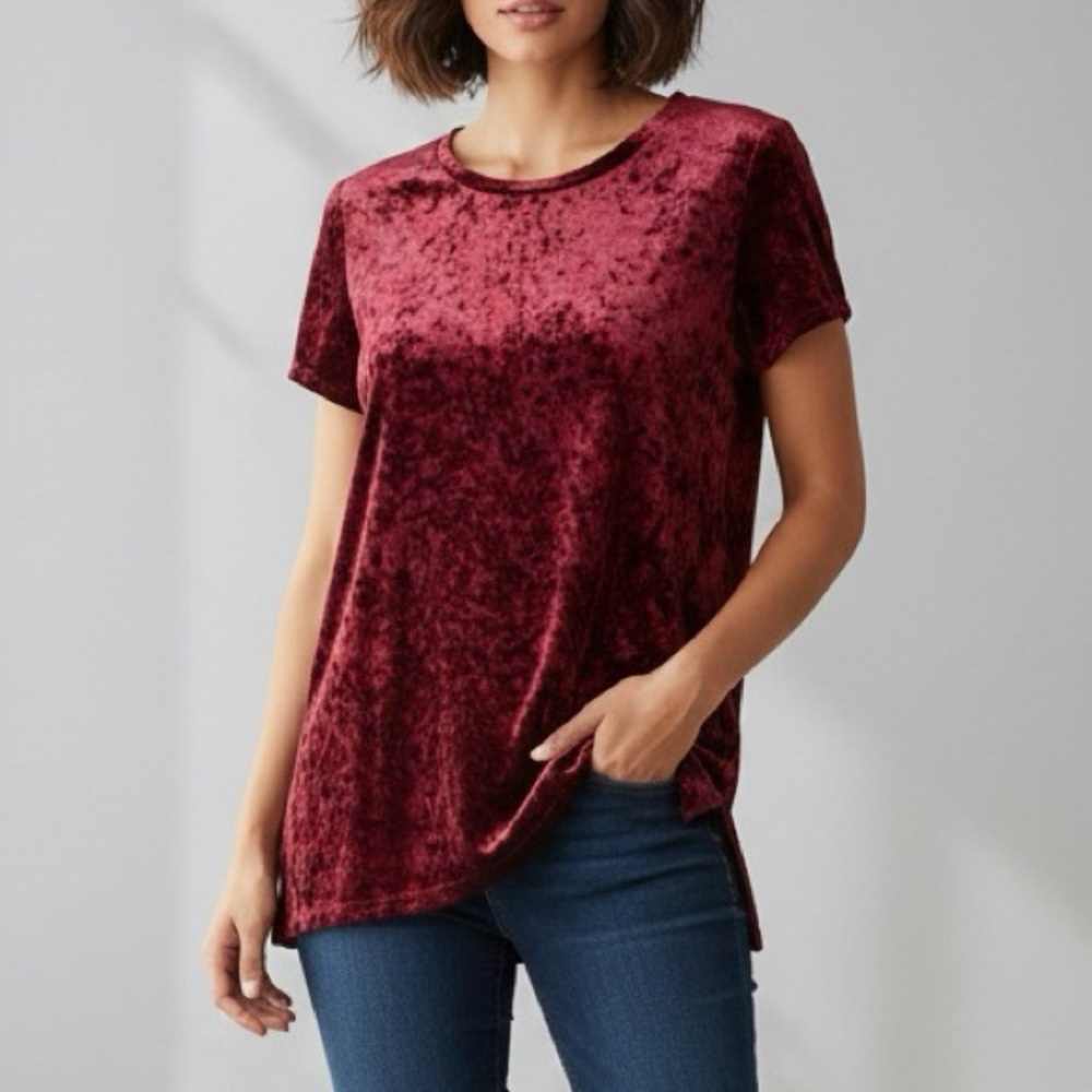 High-Low Stretch Lord & Taylor Burgundy Crushed Velvet Tunic Top Size S Small
